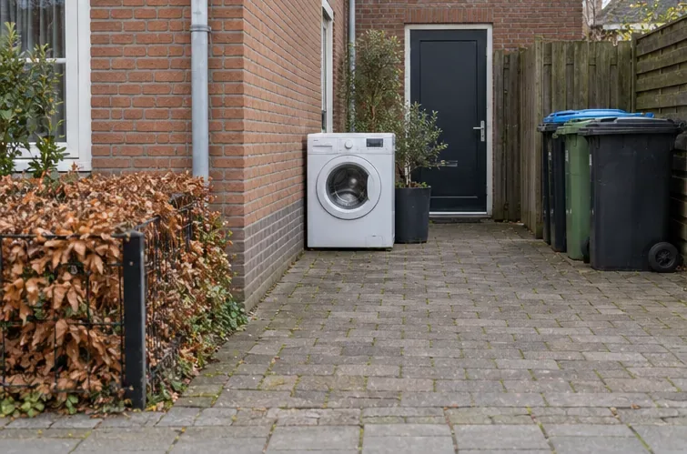 Een wasmachine staat op een ruime, eigen verharde oprit naast een woning, met de toegang en afvalcontainers vrij