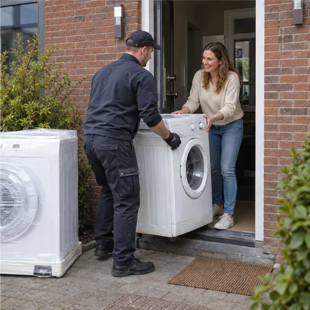 Een bezorger draagt een oude wasmachine over aan een bewoner bij de voordeur
