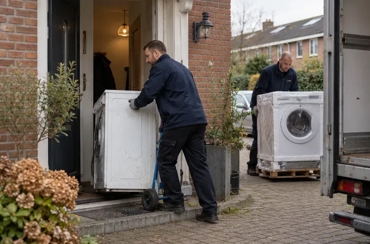 Bezorgers nemen bij de levering van een nieuwe wasmachine een oude wasmachine mee uit een woning