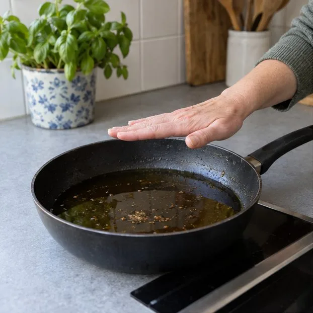 Een hand houdt boven een pan met gebruikt frituurvet om te controleren of het is afgekoeld