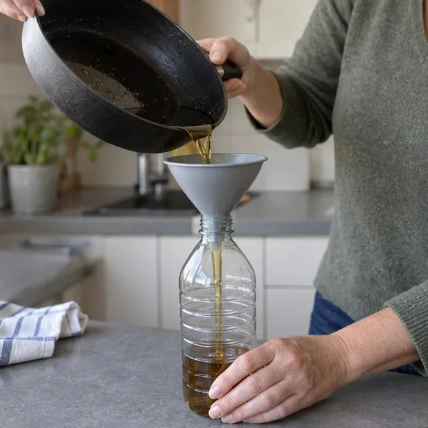 Afgekoelde frituurolie wordt met een trechter in een lege plastic fles gegoten