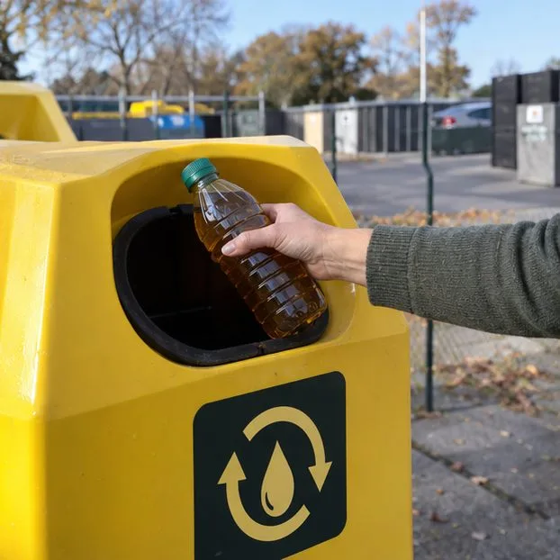 Een afgesloten fles met gebruikte frituurolie wordt in een gele inzamelcontainer geplaatst