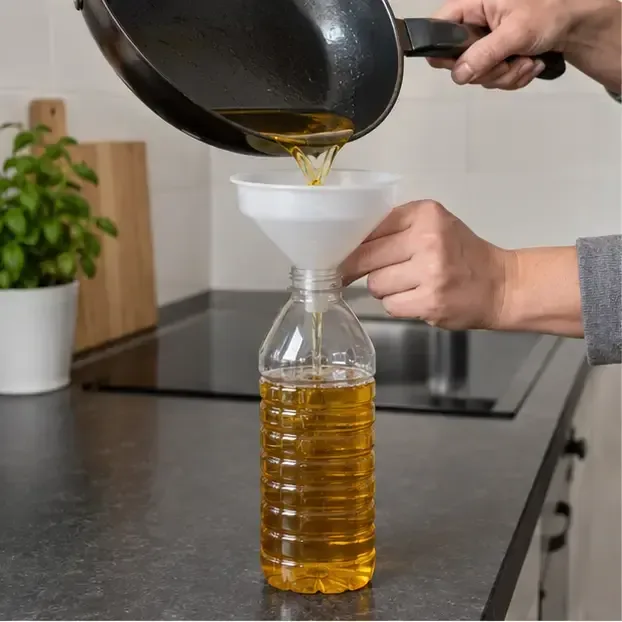Afgekoeld frituurvet wordt met een trechter in een lege plastic fles gegoten op een keukenblad