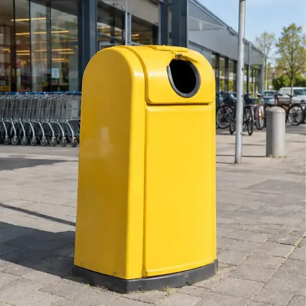 Een opvallende gele inzamelcontainer staat buiten bij een winkelachtige locatie in een Nederlandse woonomgeving