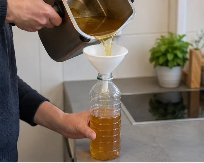 Afgekoeld frituurvet wordt met een trechter uit een frituurpan in een kunststof fles gegoten