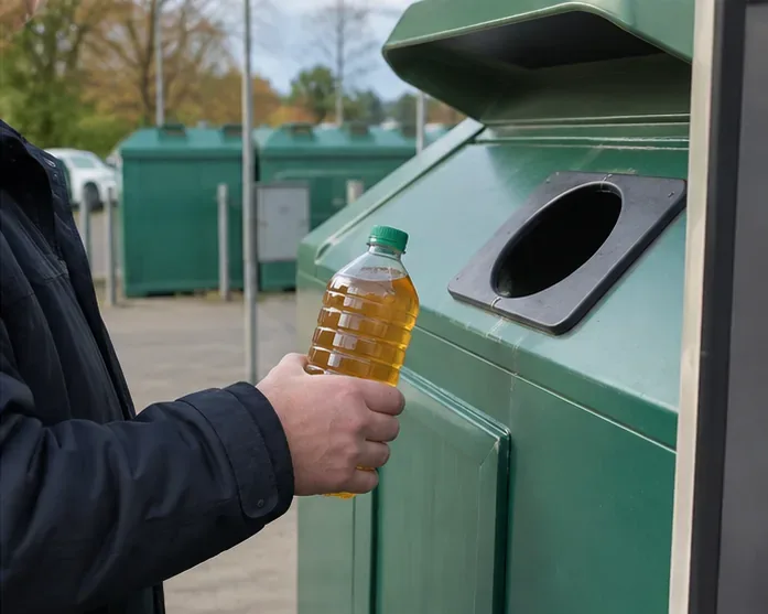 Iemand houdt een afgesloten fles met gebruikt frituurvet bij de opening van een grote inzamelcontainer