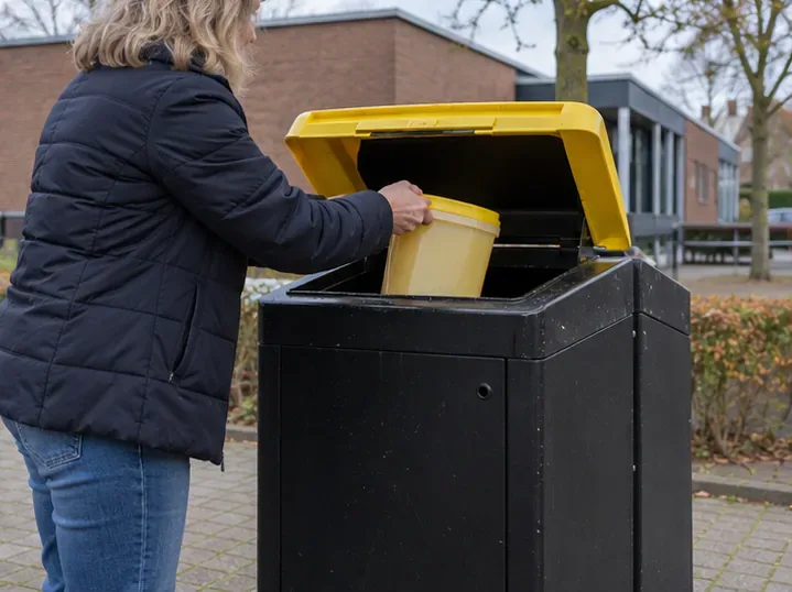 Een bezoeker brengt een gesloten plastic verpakking naar een zwarte inzamelcontainer met gele deksel