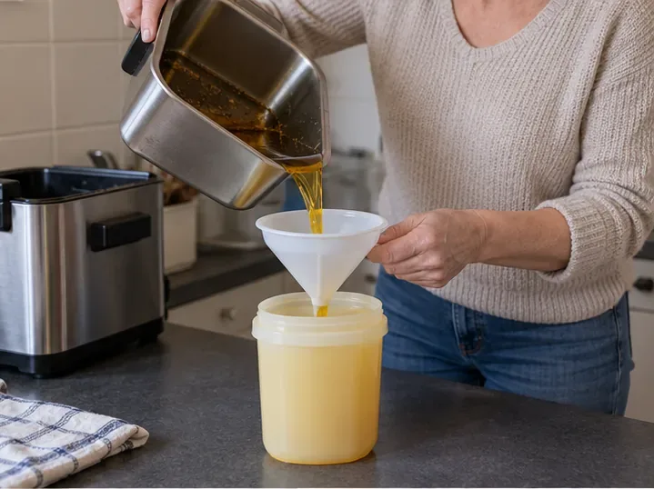 Iemand giet afgekoeld frituurvet met een trechter in een lege plastic verpakking