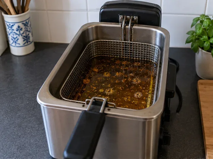 Een frituurpan met gebruikt vet staat uitgeschakeld op het aanrecht om af te koelen