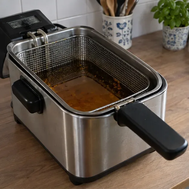 Een frituurpan met gebruikte olie staat uitgeschakeld op een aanrecht om af te koelen