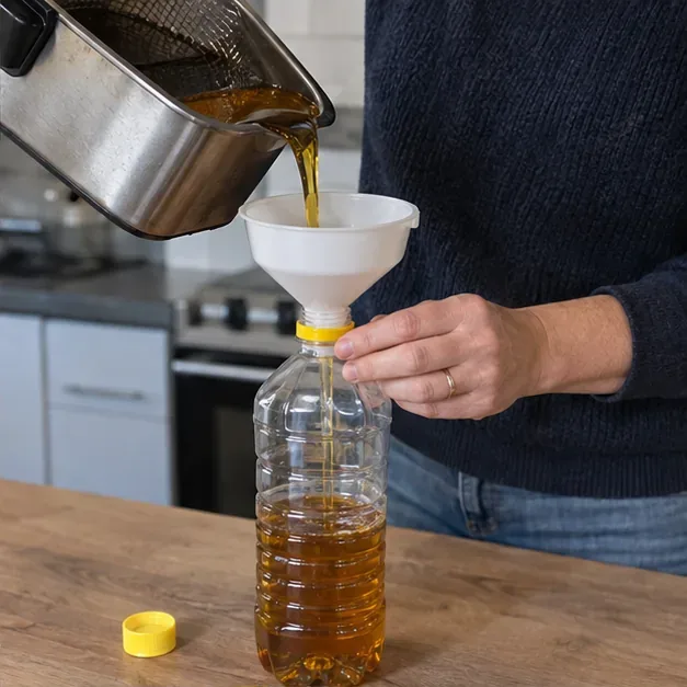 Afgekoelde amberkleurige frituurolie wordt met een trechter in een plastic fles gegoten