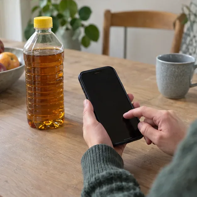 Een afgesloten fles met frituurolie staat naast een smartphone waarmee een inzamelpunt wordt opgezocht
