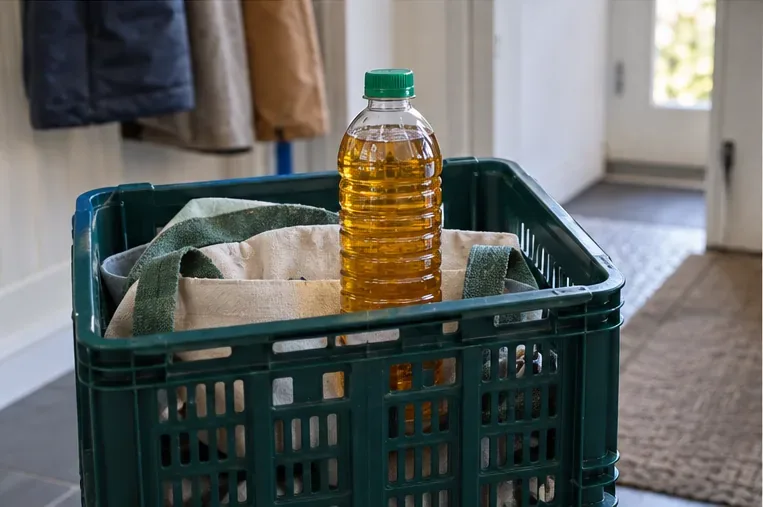 Een afgesloten plastic fles met gebruikt frituurvet staat rechtop in een herbruikbare krat bij de uitgang van een woning.