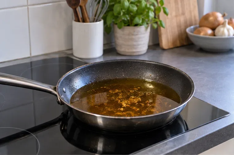 Een koekenpan met afgekoeld gebruikt frituurvet staat veilig op een uitgeschakelde kookplaat in een keuken.