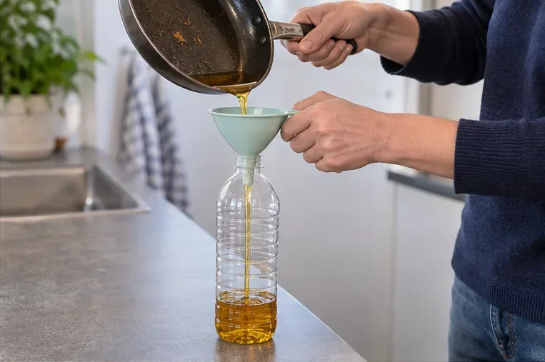 Een persoon giet afgekoeld goudkleurig frituurvet via een trechter in een rechtopstaande plastic fles op het aanrecht.