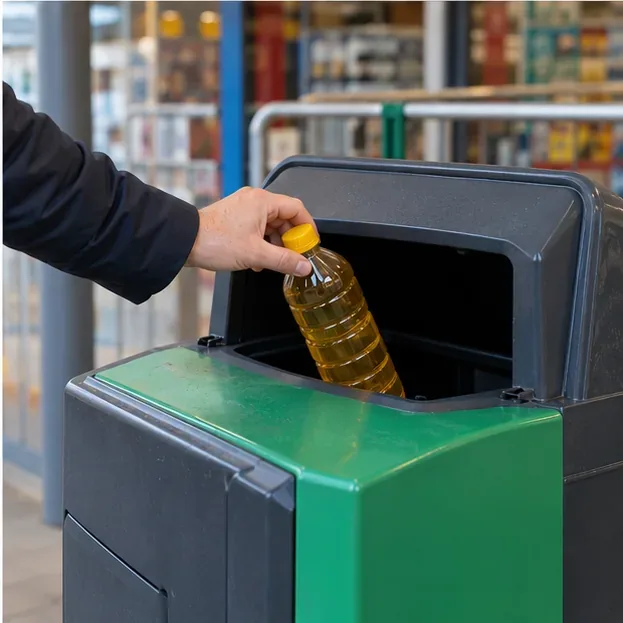 Een hand plaatst een dichtgedraaide fles met gebruikte olie in een grote inzamelbak