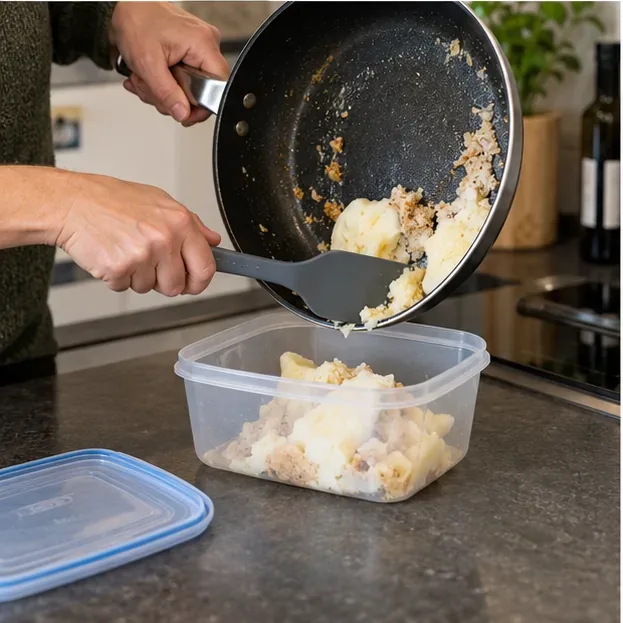 Iemand schraapt restjes uit een koele pan met een spatel in een afsluitbaar bakje