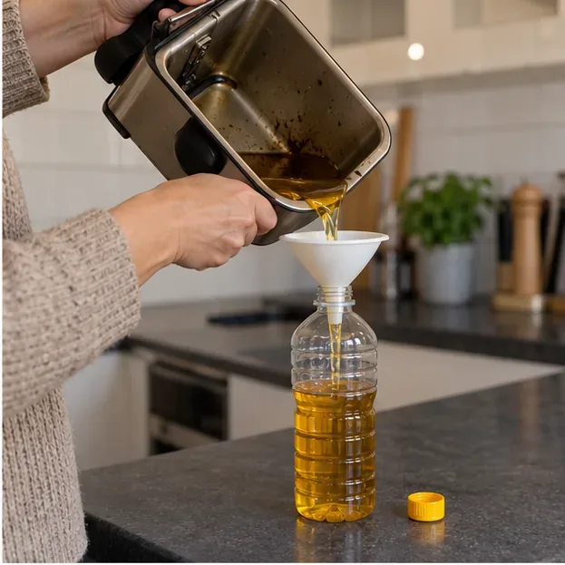 Afgekoelde goudkleurige frituurolie wordt met een trechter in een afsluitbare fles gegoten