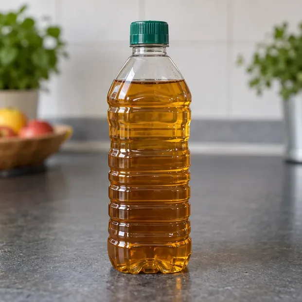 Een afgesloten plastic fles met afgekoelde gebruikte frituurolie staat klaar op het aanrecht
