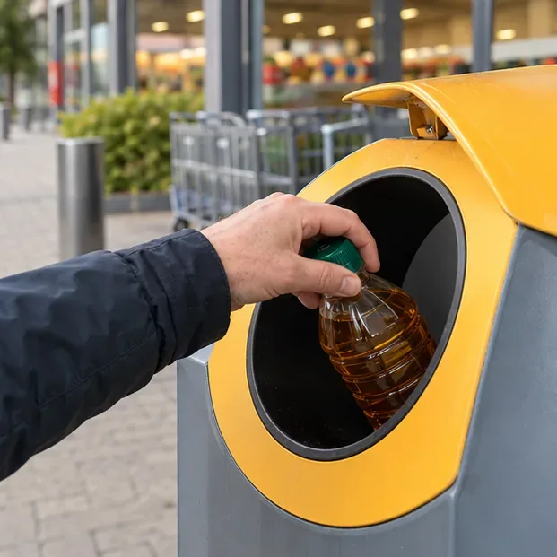 Een afgesloten fles gebruikte bakolie wordt in een aparte inzamelcontainer geplaatst
