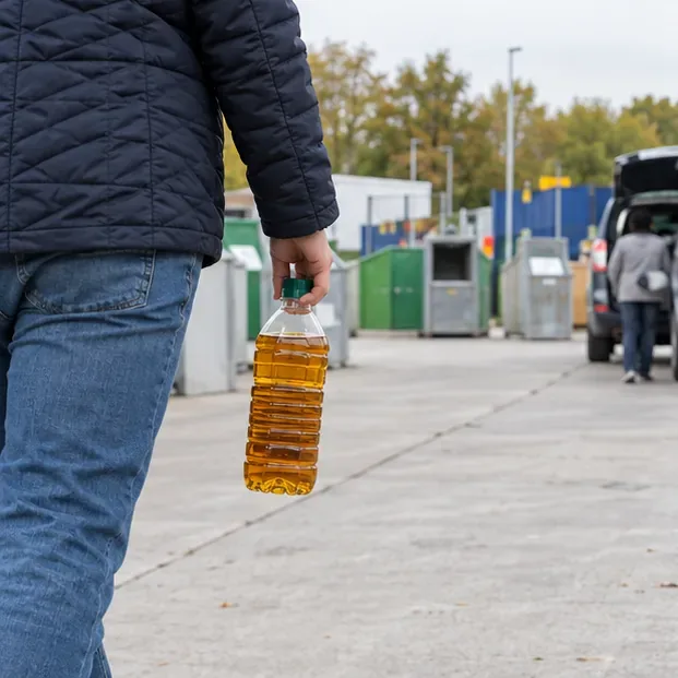 Een inwoner brengt een goed afgesloten fles frituurvet naar een gemeentelijke milieustraat