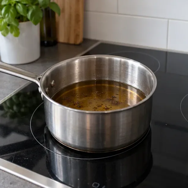 Een pan met gebruikt frituurvet koelt af op een uitgeschakelde kookplaat.