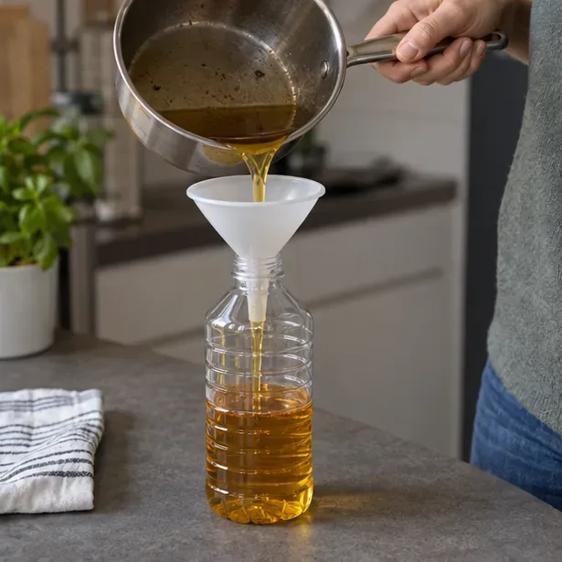 Afgekoelde frituurolie wordt met een trechter in een stevige plastic fles gegoten.
