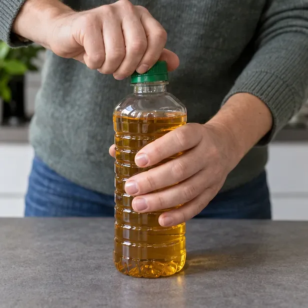 Handen draaien de dop stevig op een plastic fles met afgekoelde frituurolie.