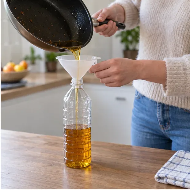 Afgekoelde olie wordt met een trechter uit een pan in een stevige plastic fles gegoten.