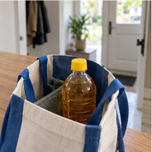 Een goed afgesloten plastic fles met afgekoelde olie staat rechtop in een draagtas bij de voordeur.