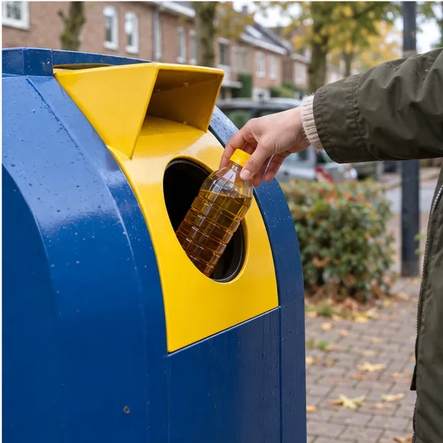 Een hand plaatst een gesloten plastic fles met gebruikte olie in de opening van een blauwe vetinzamelcontainer met gele klep.