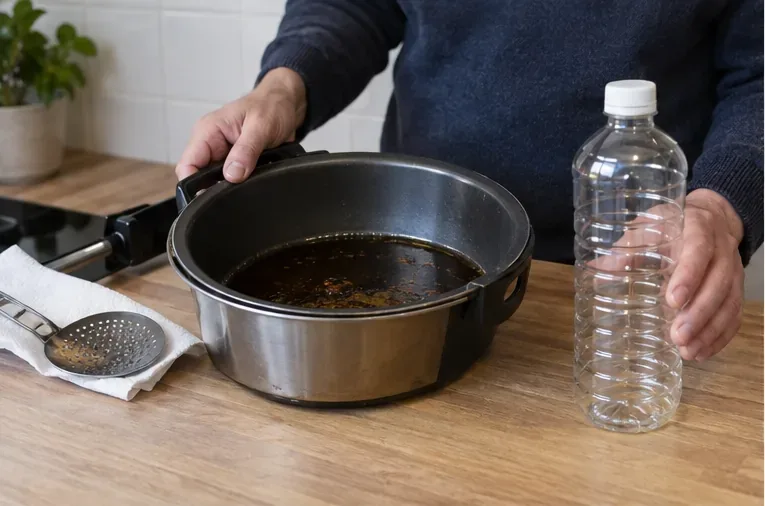 Afgekoeld gebruikt frituurvet in een pan naast een lege afsluitbare plastic fles op een keukenblad