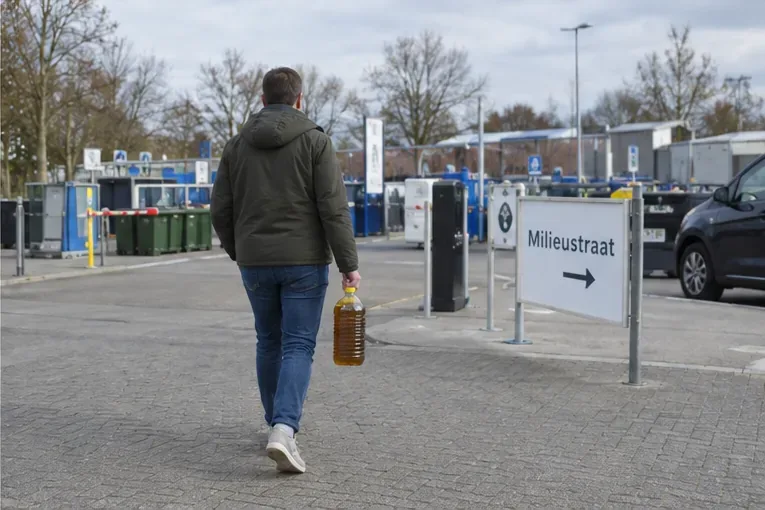 Persoon die met een afgesloten fles gebruikte olie naar de ingang van een milieustraat loopt