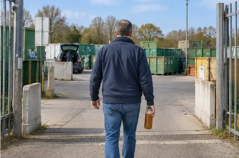 Een inwoner loopt met een fles gebruikte frituurolie een milieustraat binnen