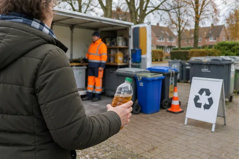 Een inwoner brengt een afgesloten fles gebruikte frituurolie naar een mobiele recyclestraat in een woonwijk