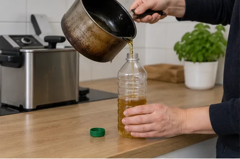 Afgekoeld frituurvet wordt vanuit een pan in een afsluitbare plastic fles gegoten