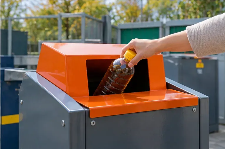 Een hand plaatst een goed afgesloten fles met gebruikte frituurolie in een aparte inzamelcontainer