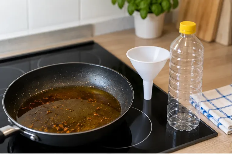 Afgekoeld gebruikt frituurvet in een koekenpan naast een lege plastic fles en een trechter