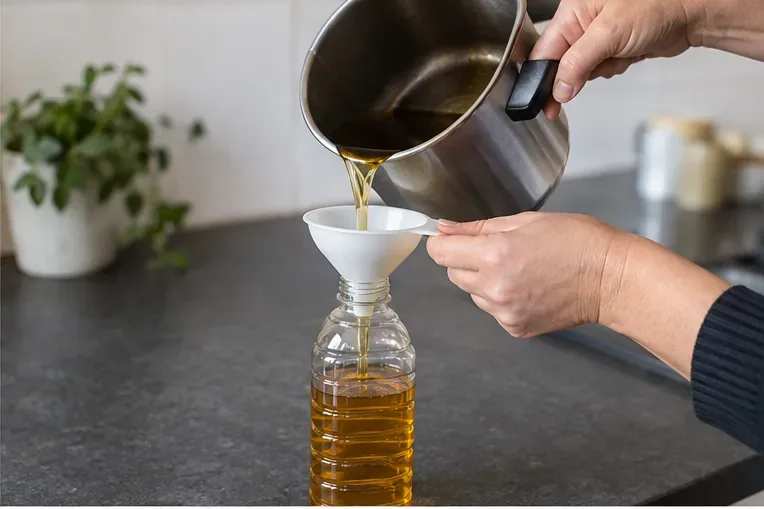 Afgekoelde frituurolie wordt met een trechter in een stevige plastic fles gegoten