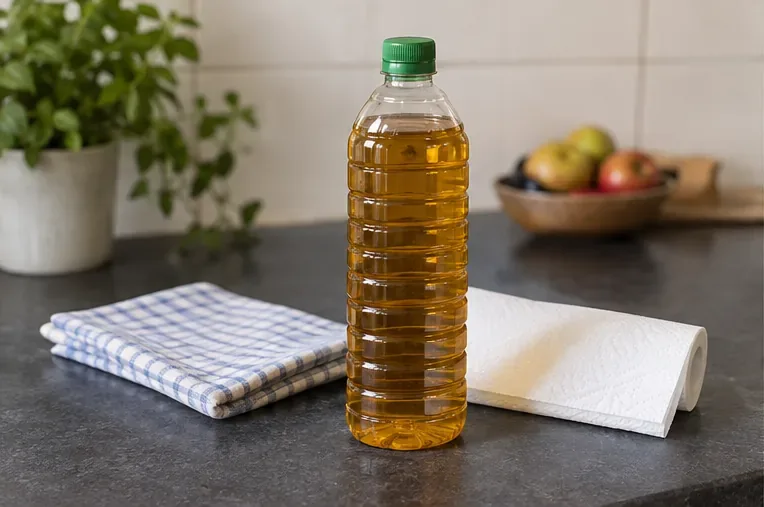 Een goed afgesloten fles met gebruikt frituurvet staat klaar voor vervoer