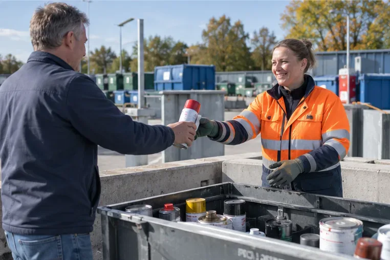 Een bezoeker geeft een spuitbus met verf af aan een medewerker bij een gemeentelijk recyclingperron