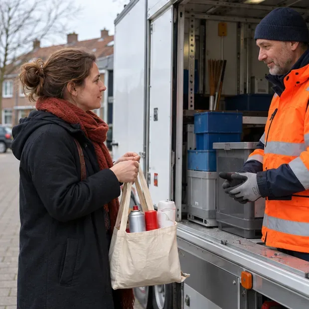 Een inwoner overhandigt kleine afvalverpakkingen aan een medewerker bij een mobiele inzamelwagen.