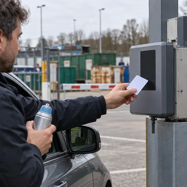 Een automobilist houdt een toegangspas bij een kaartlezer bij een gemeentelijk afvalbrengpunt.