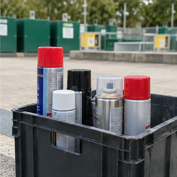 Meerdere intacte spuitbussen staan rechtop in een zwarte kunststof krat op een recycleterrein