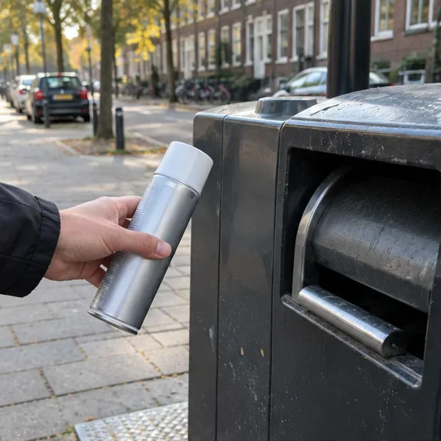Een hand houdt een volledig lege spuitbus bij een donkere restafvalcontainer in een Amsterdamse straat