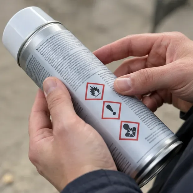 Twee handen bekijken het etiket en de gevarenpictogrammen op een metalen spuitbus