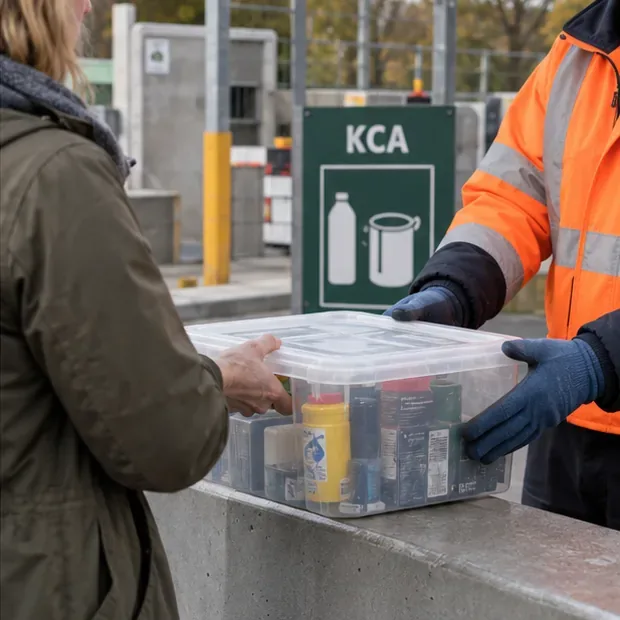 Een inwoner overhandigt een transparante bak met chemische producten aan een medewerker bij een KCA-inleverpunt