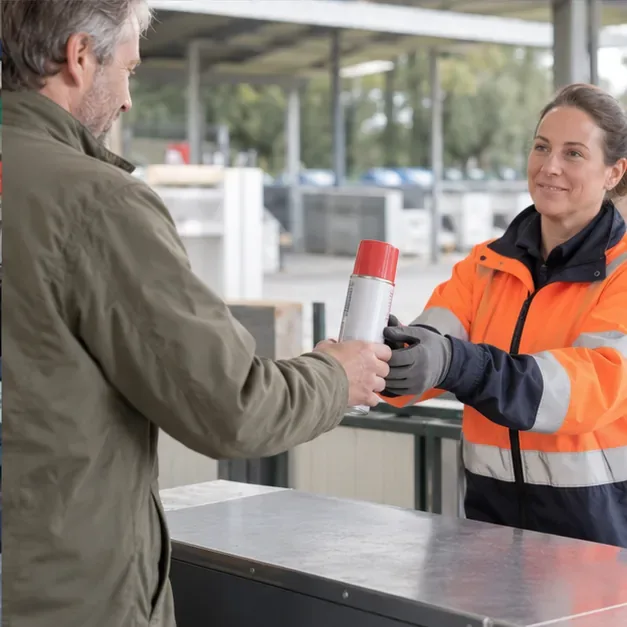 Medewerker van een afvalbrengstation neemt een spuitbus met verf over van een inwoner aan de balie