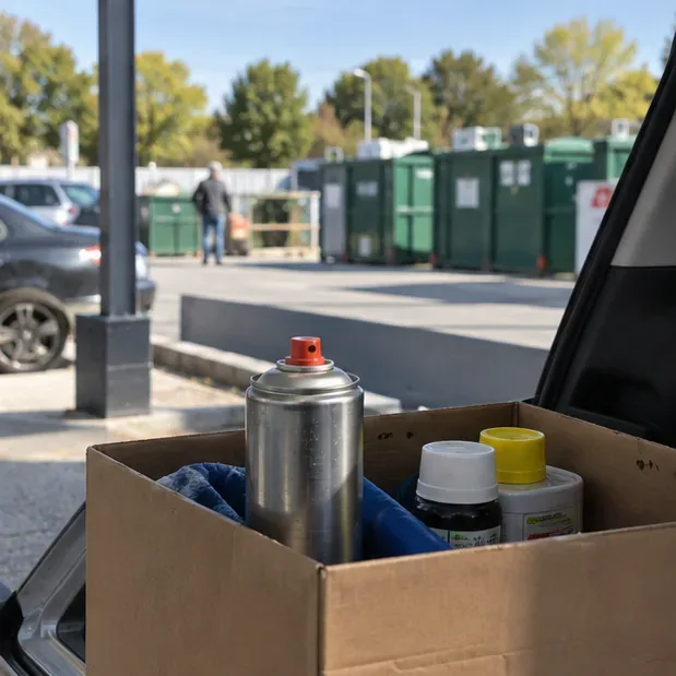 Een doos met een metalen spuitbus en andere verpakkingen staat bij de open kofferbak op een milieustation