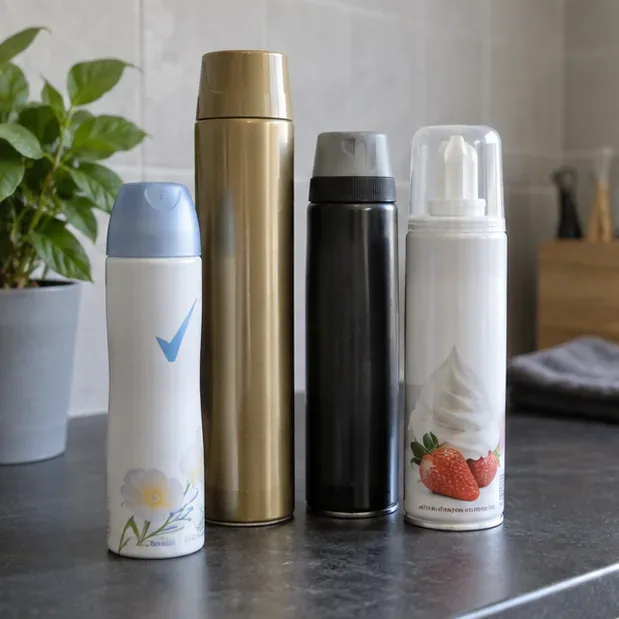 Vier verschillende huishoudelijke spuitbussen staan rechtop op een aanrecht, waaronder deodorant en slagroomspuitbus